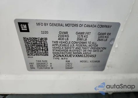 2021 Chevrolet Equinox Lt from USA, damaged, VIN 2GNAXUEVXM6120453